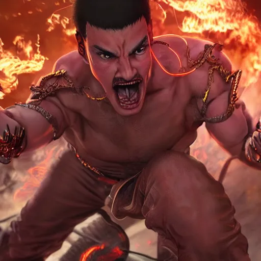 Prompt: freddy mercury as ryu street fighter, action shot, face detail, ultra realistic, concept art, intricate details, highly detailed, photorealistic, octane render, 8 k, unreal engine, art by frank frazetta, simon bisley, brom