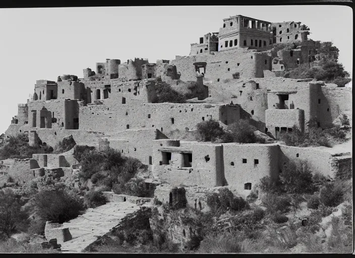 Prompt: Photograph of sprawling cliffside pueblo ruins, showing terraced gardens and narrow stairs in lush desert vegetation in the foreground, albumen silver print, Smithsonian American Art Museum
