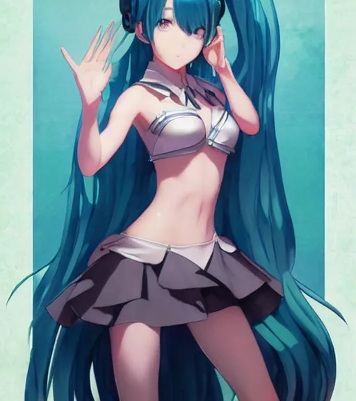 Prompt: Anime art of beautiful Hatsune miku with beautiful legs by artgerm, Greg Rutkowski, ross tran, magali villeneuve, Gil Elvgren, Alberto Vargas, Earl Moran, Art Frahm, Enoch Bolles, symmetrical shoulders, blue hair, feminine figure, revealing clothes, Hatsune miku face