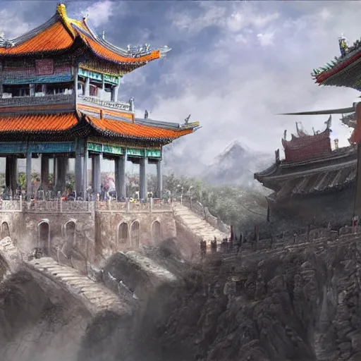 Image similar to dynamic composition, motion, ultra-detailed, incredibly detailed, a lot of details, amazing fine details and brush strokes, colorful and grayish palette, smooth, HD semirealistic anime CG concept art digital painting, watercolor oil painting of epic castle gate, from Three Kingdoms, by a Chinese artist at ArtStation, by Huang Guangjian, Fenghua Zhong, Ruan Jia, Xin Jin and Wei Chang. Realistic artwork of a Chinese videogame, gradients, gentle an harmonic grayish colors.