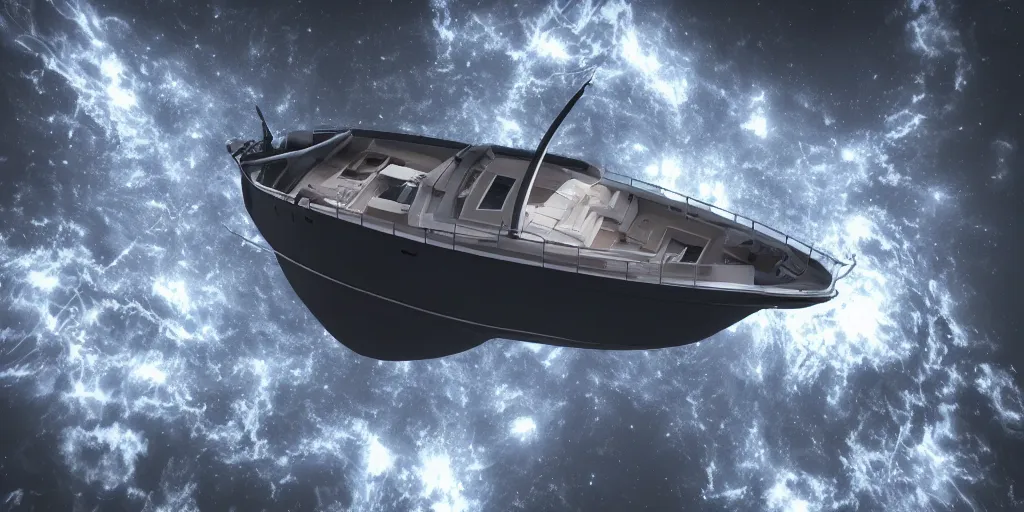 Image similar to a highly detailed realistic photographic render of a boat in space, surreal, cinematic lighting, cinematic scene, volumetric lighting, atmospheric scene, dark, mystery, atmospheric lighting, realistic, photo realism, hyper realistic, hyper realism, photo realisitc, cinematic render, film, beautifully lit, ray traced, octane 3 d render, octane render, unreal engine