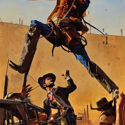 Image similar to cowboys shoot it out with a very tall cyborg in a western town, 1890s, dynamic, by tom lovell and frank schoonover and dean cornwell and phil hale