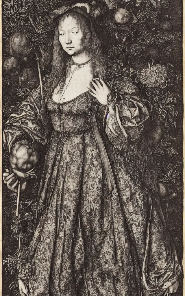 Prompt: Albrecht Durer, Hans Holbein, Lucas Cranach, engraving of a female boddhisatva standing on a lotus flower