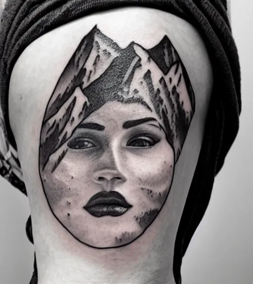 Prompt: double exposure of a beautiful mountain scenery with a beautiful woman face, tattoo design sketch, in the style of matteo pasqualin, hyper - realistic, amazing detail, black and white