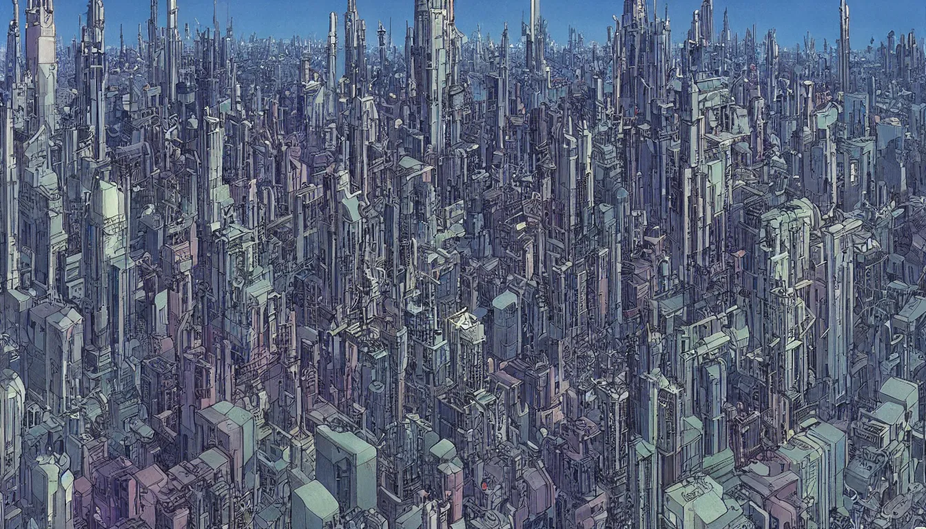 Image similar to futuristic city by moebius