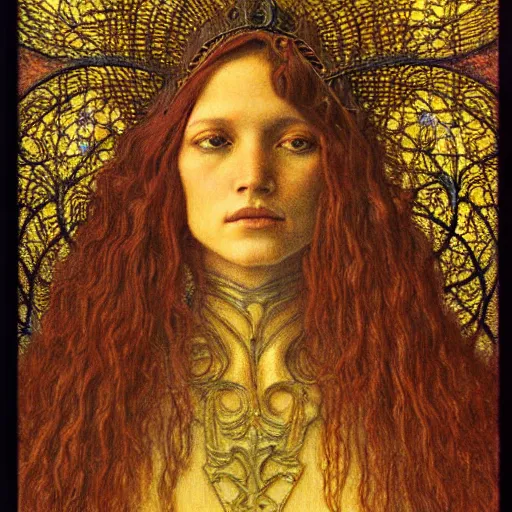 Image similar to detailed realistic half body portrait of a beautiful young medieval queen by jean delville, art nouveau, symbolist, visionary, gothic