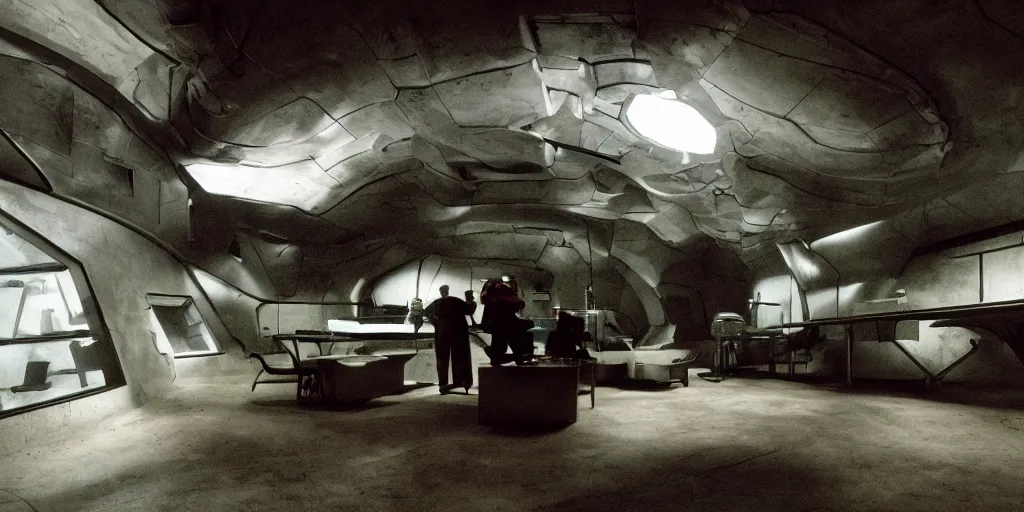 Image similar to cinematic film still of a dark science fiction movie, research lab in a mountain area, secretive facility, strange architecture, by ridley scott,