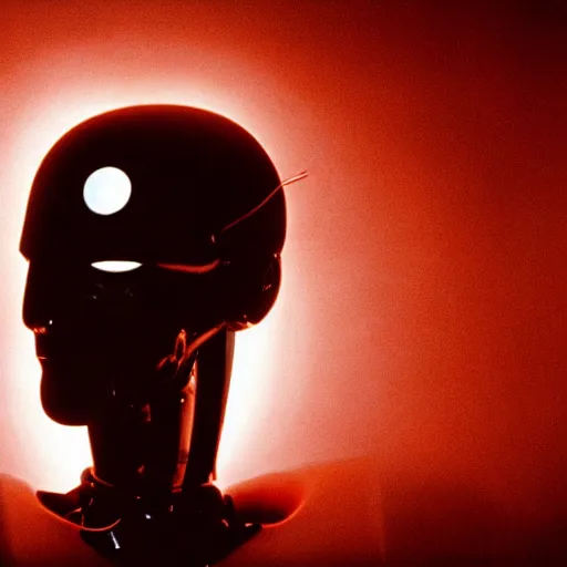 Image similar to movie scene of a man with a robot head, menacing, movie still, cinematic composition, cinematic light, criterion collection, reimagined by industrial light and magic, Movie by David Lynch and Ridley Scott