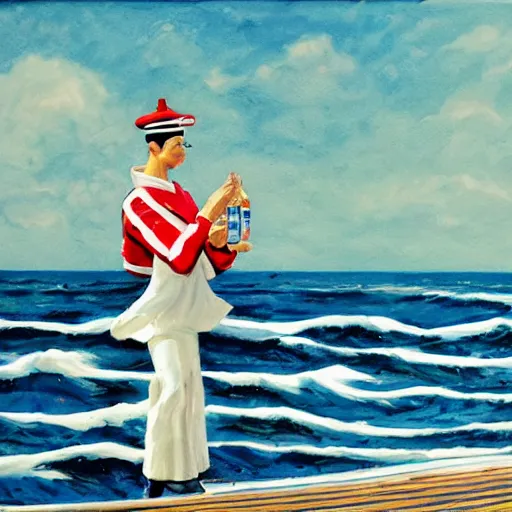 Image similar to sailor on sea with million bottles