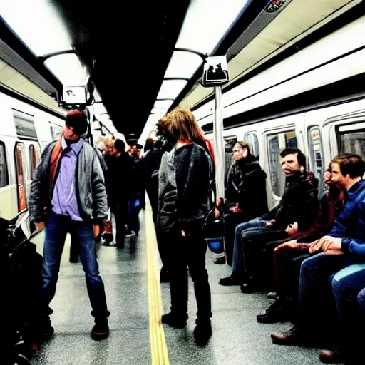 Prompt: A group of friends talking while standing inside a crowded compartment of the New York metro, cinematic, 4k, thriller