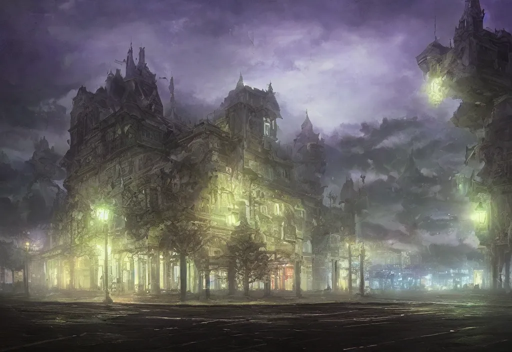 Prompt: A brilliant white castle in the distance, very dark with green lights, blue lights and purple lights, oil painting, dramatic lighting, Jakub Kasper, Makoto Shinkai, hyperrealistic, cinematic, elegant, intricate