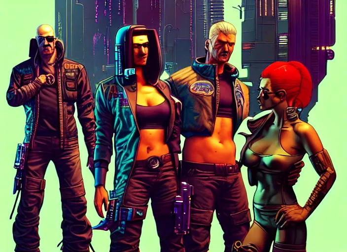 Image similar to cyberpunk bounty hunter crew. portrait by stonehouse and mœbius and will eisner and gil elvgren and pixar. character design. realistic proportions. cyberpunk 2 0 7 7 character art, blade runner 2 0 4 9 concept art. cel shading. attractive face. thick lines. the team. diverse characters. artstationhq.