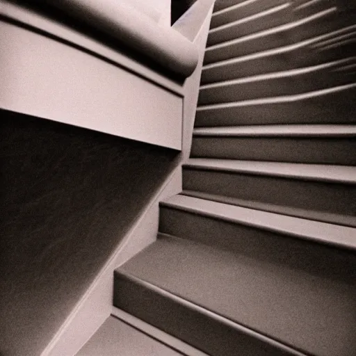 Image similar to noisy color photograph of a retrofuturist liminal space, staircase to the surface, minimalist, cinematic, soft vintage glow