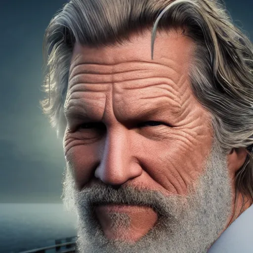 Image similar to hyperrealistic dslr film still of jeff bridges on a bridge, stunning 8 k octane comprehensive 3 d render, inspired by istvan sandorfi & greg rutkowski & unreal engine, perfect symmetry, dim volumetric cinematic lighting, extremely hyper - detailed, incredibly real lifelike attributes & texture, intricate, masterpiece, artstation, 8 k 8 5 mm f 1. 4