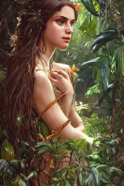 Image similar to ultra realistic illustration, bohemian spanish girl in jungle, staring directly into camera, intricate, elegant, highly detailed, digital painting, artstation, concept art, smooth, sharp focus, illustration, art by artgerm and greg rutkowski and alphonse mucha