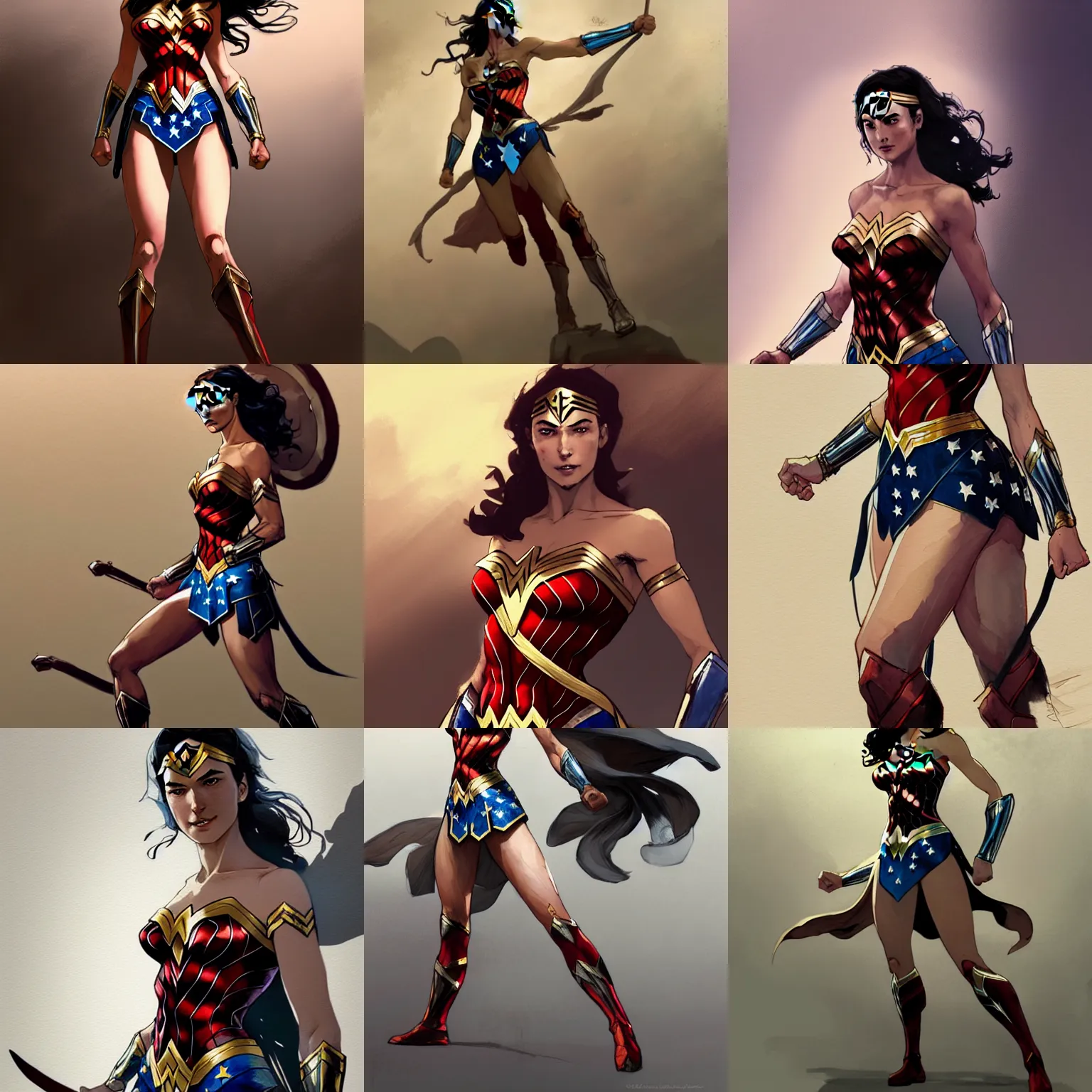 Prompt: concept art of a wonder woman in comfy clothing, highly detailed painting by dustin nguyen, akihiko yoshida, greg tocchini, greg rutkowski, cliff chiang, 4 k resolution, trending on artstation, 8 k