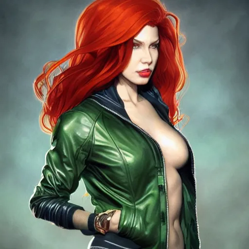 Prompt: full figure ultra realistic illustration, poison ivy from dc comics wearing a bomber jacket, highly detailed, digital painting, artstation, concept art, smooth, sharp focus, illustration, art by artgerm and greg rutkowski and alphonse mucha