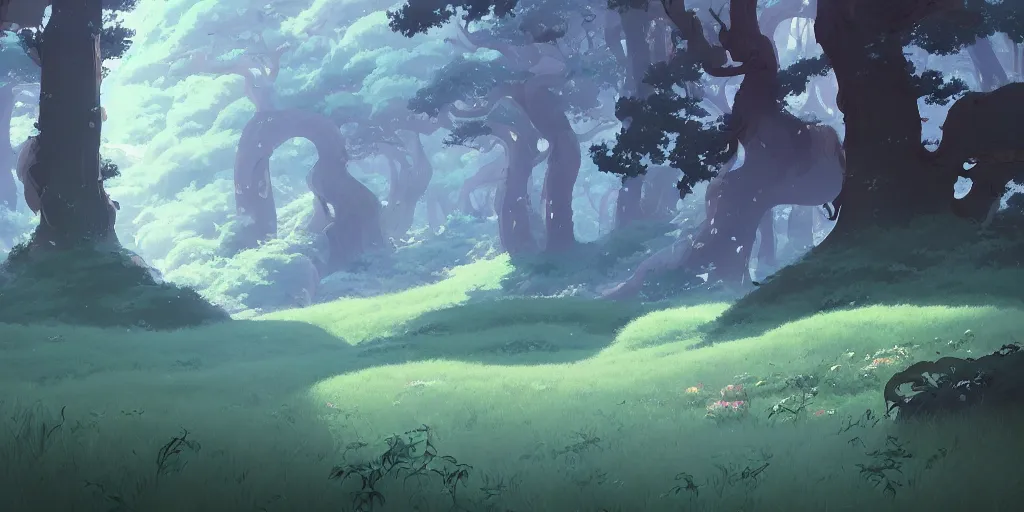 Image similar to ghibli style forest landscape, artstation, elegant, highly detailed, digital painting, concept art, smooth, sharp focus, illustration, art by don bluth and michel ocelot and makoto shinkai and tom whalen and atey ghailan and akihiko yoshida