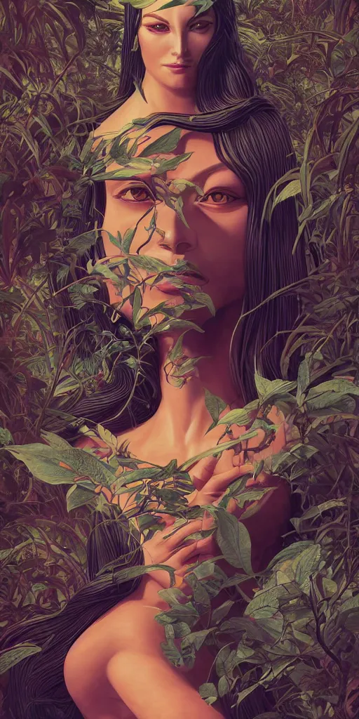 Prompt: a sculpture of mythical creatures by syd mead, elegant and unusually large beautiful female face emerging from the jungle, intricate, elegant, highly detailed, digital painting by audrey kawasaki, artstation, concept art, ambient occlusion, vray render,