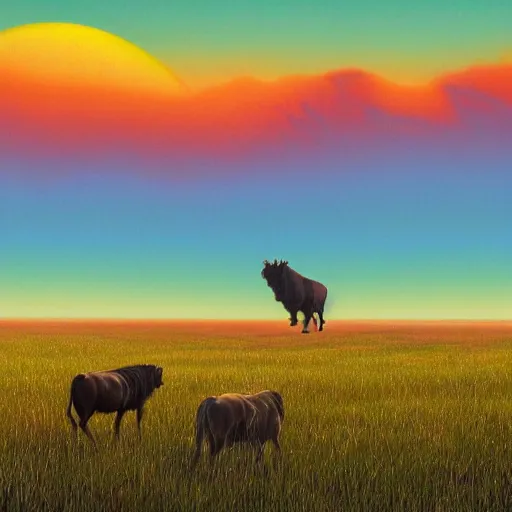 Prompt: a herd of bisons running in the prairie. epic sunset. a lone cowboy is riding on his horse following them. masterpiece. accidentally tripping on dmt and acid, psychedelic experience, overwhelming psychosis of self realization and burning awakening, ultra high definition, unreal engine 5, hyperrealism, masterpiece composition, by casey weldon, barclay shaw 8 k photorealistic