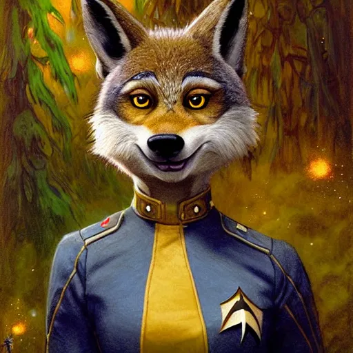 Prompt: a female bird wolf canine in starfleet uniform at night in a dark forest. zootopia fursona furaffinity furry art detailed face painting by gaston bussiere craig mullins jc leyendecker gustav klimt artgerm greg rutkowski furry