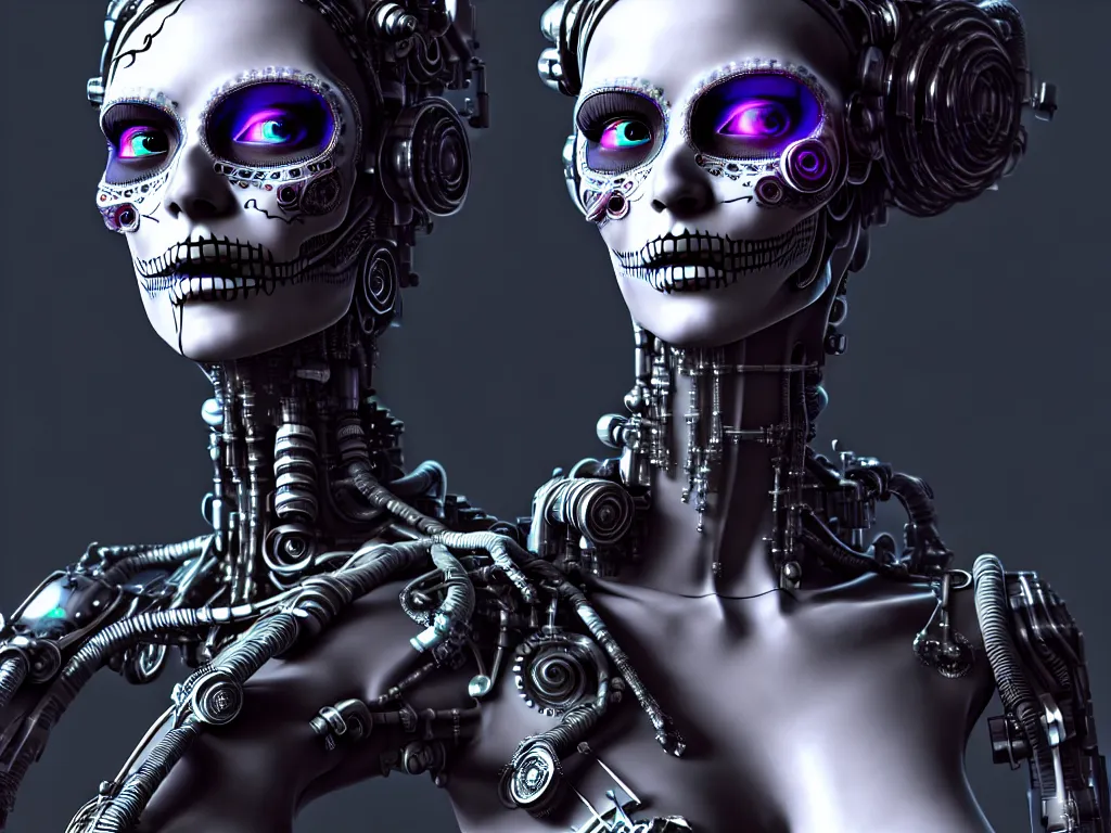 Image similar to ultra detailed, Mechanical Cyberpunk Female Android, dia de los muertos, cyberpunk, fantasy, intricate details, elegant, super highly detailed, professional digital painting, artstation, concept art, smooth, sharp focus, no blur, no dof, extreme illustration, Unreal Engine 5, Photorealism, HD quality, 8k resolution, cinema 4d, 3D, beautiful, cinematic, art by artgerm and michael welan and DZO and greg rutkowski and alphonse mucha and loish and WLOP