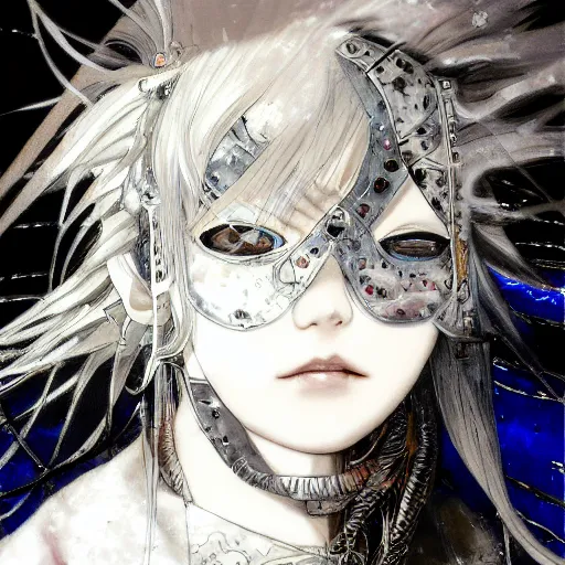 Image similar to yoshitaka amano blurred and dreamy illustration of an anime girl with pirate eye patch, wavy white hair and cracks on her face wearing elden ring armour with the cape fluttering in the wind, abstract black and white patterns on the background, noisy film grain effect, highly detailed, renaissance oil painting, weird portrait angle