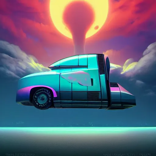 Prompt: a synthwave futuristic truck in a utopia world. art by filip hodas. clouds by rhads..