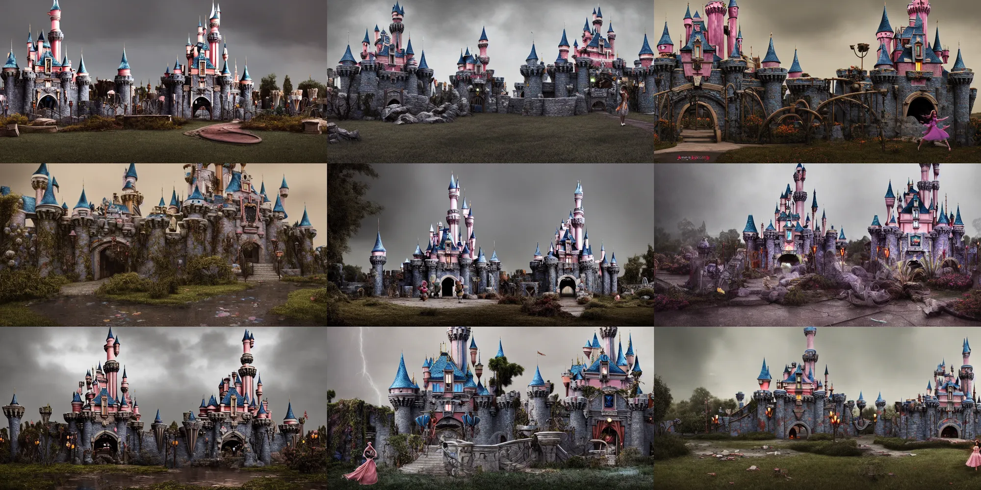 Prompt: photography of the ruined and abandoned disneyland fairytale castle from the disney ´ s logo, desaturated and muted colors, debris chips ruins, urban exploration, stormy background, by annie leibovitz, cg society, octane render, 8 k, at dusk, evening, no rainbow