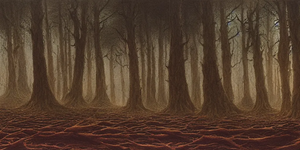 Image similar to artwork by john howe of the cinematic view of a desolate, radioactive forest