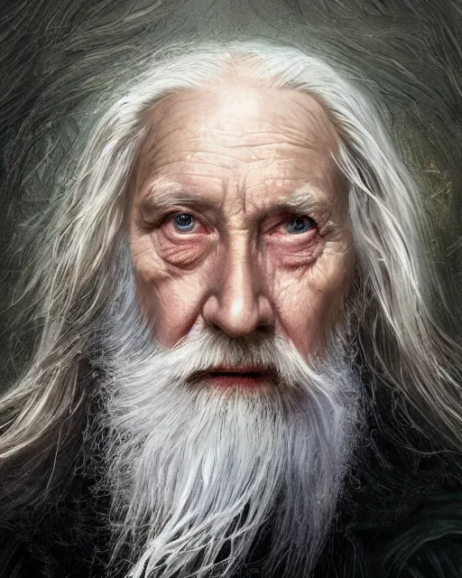 Image similar to portrait of 8 0 - year - old man, with blue eyes, very long silver hair, and very long silver beard, dumbledore, wearing in black cloak, hyper realistic face, beautiful eyes, fantasy art, in the style of greg rutkowski, intricate, alphonse mucha, hyper detailed, smooth