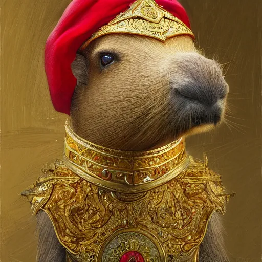 Prompt: detailed photorealistic painting of a capybara wearing a highly detailed ornamented gold crown with diamonds, in a medieval knight armor with red cape , sharp focus in the style of ruan jia, Mandy jurgens, cinematic light, concept art, trending on artstation, ultra realistic