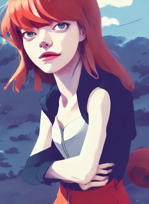 Image similar to portrait of emma stone starring cruella, cloudy sky background lush landscape illustration concept art anime key visual trending pixiv fanbox by wlop and greg rutkowski and makoto shinkai and studio ghibli