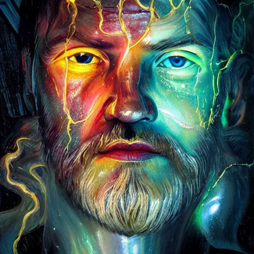 Image similar to portrait of zeus starring into the camera, fixed eyes, lightning environment, melted paint, melting, surreal, dramatic lighting, face, detailed, intricate, elegant, highly detailed, digital painting, artstation,, concept art, smooth, sharp focus, illustration, art by sam spratt, dan mumford, artem demura and alphonse mucha