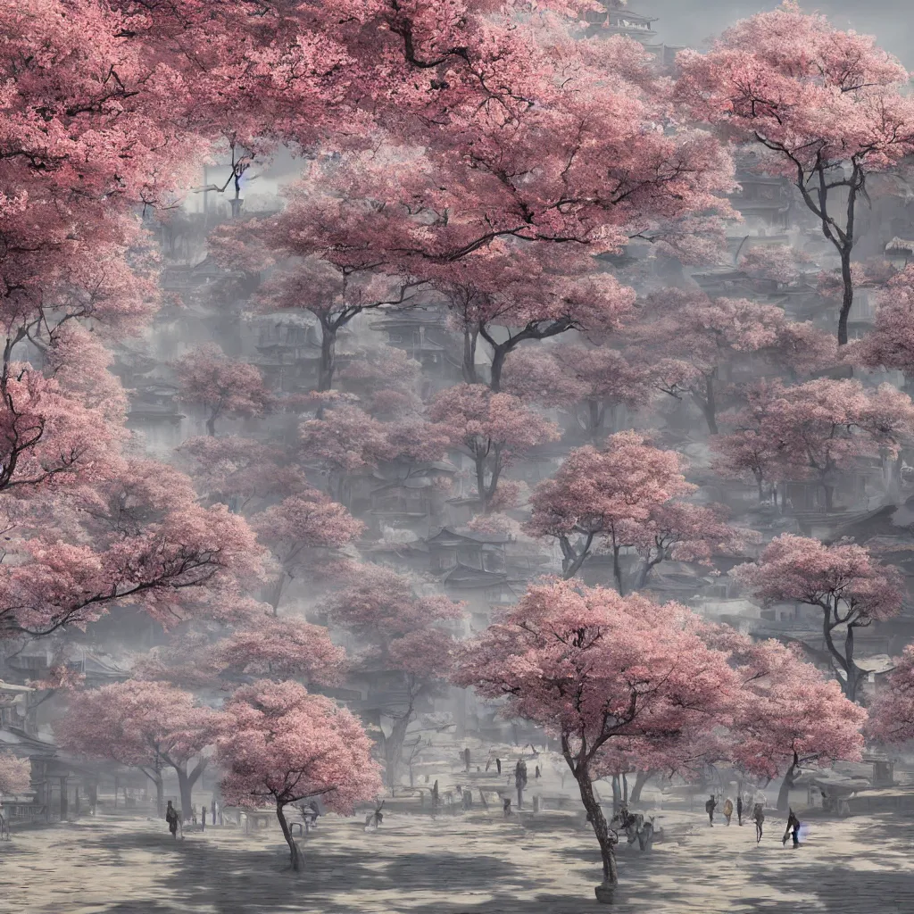 Prompt: old empty samurai city surrounded by sakura trees, matte painting, digital art, artistation