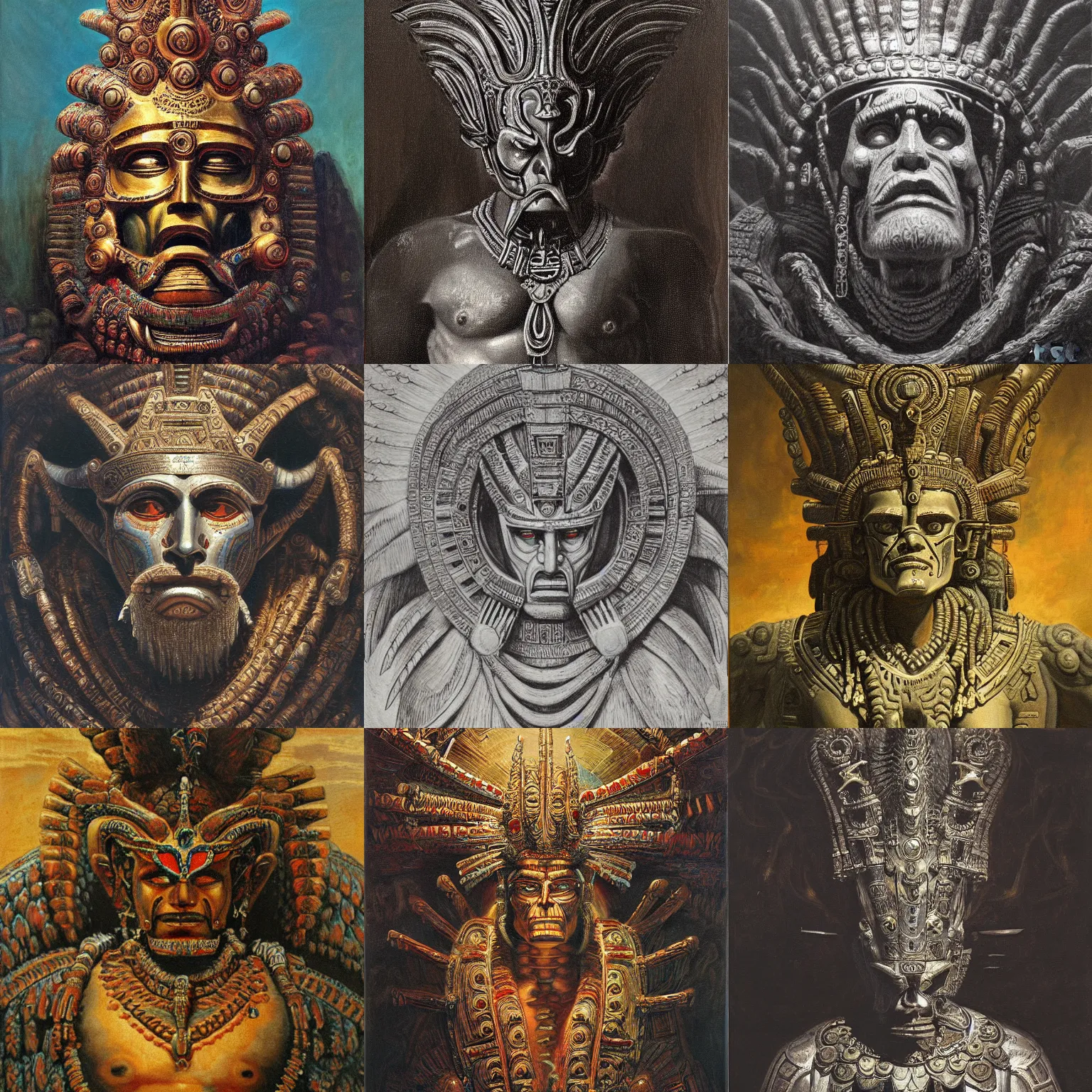 Prompt: a detailed oil painting of willem dafoe giant aztec god in the style of gustave dore