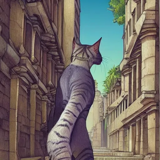 Image similar to gigantic cat walking on ancient city, very detailed fine art, top of pinterest, trend of artistation, style of ilia kuvshinov