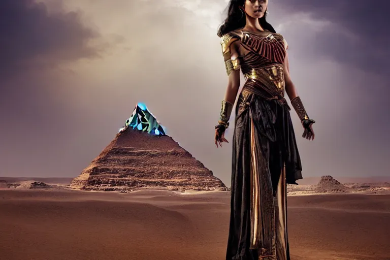 Image similar to a cinematic photograph of a beautiful woman wearing egyptian clothing stood on a pyramid overlooking a vast dystopian desert landscape with a river, rainy day, beautiful lighting, depth, accurate details, by marco mazzoni and zack snyder