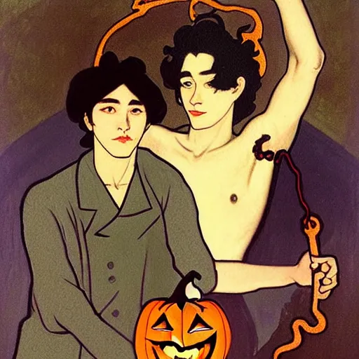 Image similar to painting of young cute handsome beautiful dark medium wavy hair man in his 2 0 s named shadow taehyung and cute handsome beautiful min - jun together at the halloween witchcraft party with bubbling cauldron, melancholy, autumn colors, elegant, ritual, stylized, gorgeous eyes, soft facial features, delicate facial features, art by alphonse mucha, vincent van gogh, egon schiele