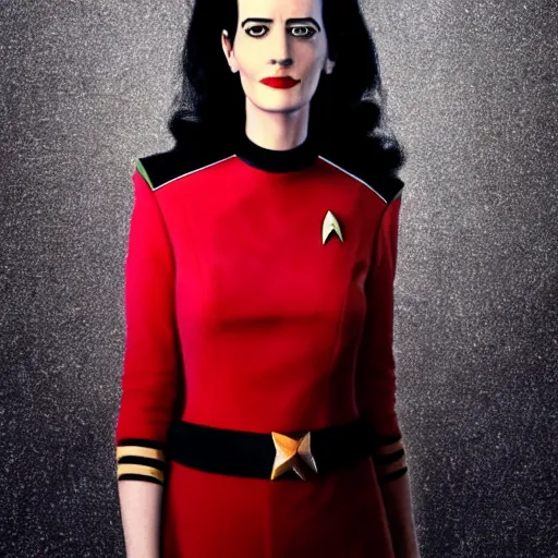 Image similar to a full body portrait of 3 0 year old eva green as a star fleet officer from star trek next generation, ultra rendered, extreme realism and detail, 8 k, highly detailed, realistic, completely framed, hyper realistic, colorful, direct lighting, 3 5 mm photo, photorealistic, sharp focus