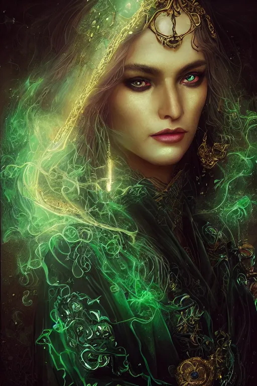 Prompt: a close - up portrait of a hauntingly beautiful sorceress wearing a black robe with gold embroidery, casting a spell, green glows, painted by artgerm and tom bagshaw, highly detailed digital art