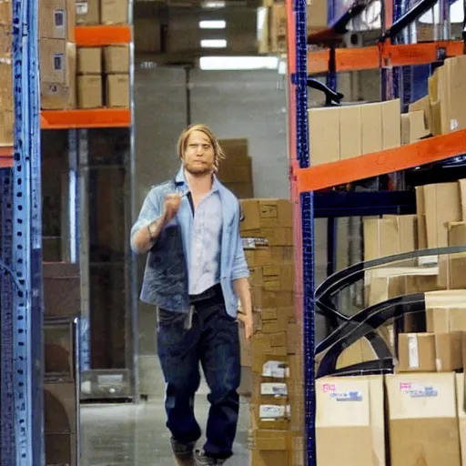 Image similar to charlie hunnam working in a fedex warehouse