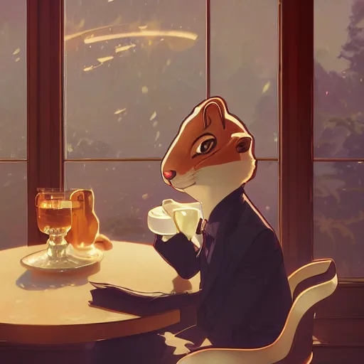 Image similar to a weasel in a suit was drinking tea, surrounded by tea houses ambient lighting, 4 k, lois van baarle, ilya kuvshinov, rossdraws, alphonse mucha, jung gi kim, artstation