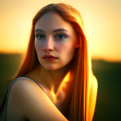 Image similar to photographic portrait of a stunningly beautiful renaissance female in soft dreamy light at sunset