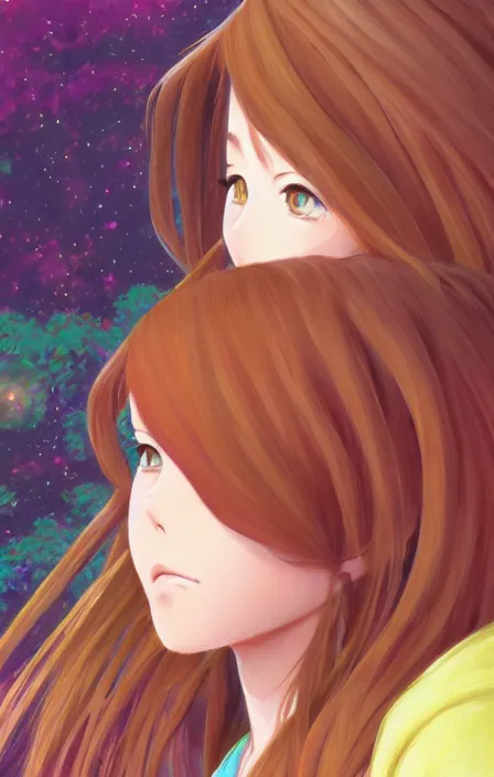 Prompt: a colorful scene of a girl with brown hair, anime, detailed background, female, trending on artstation, by studio ghibli, jazza