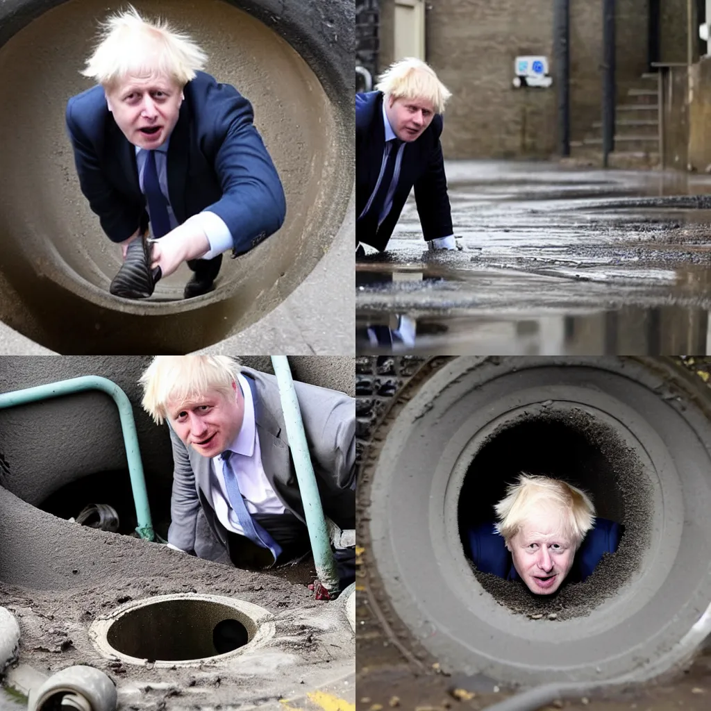 Prompt: boris johnson crawling through dirty sewer pipes