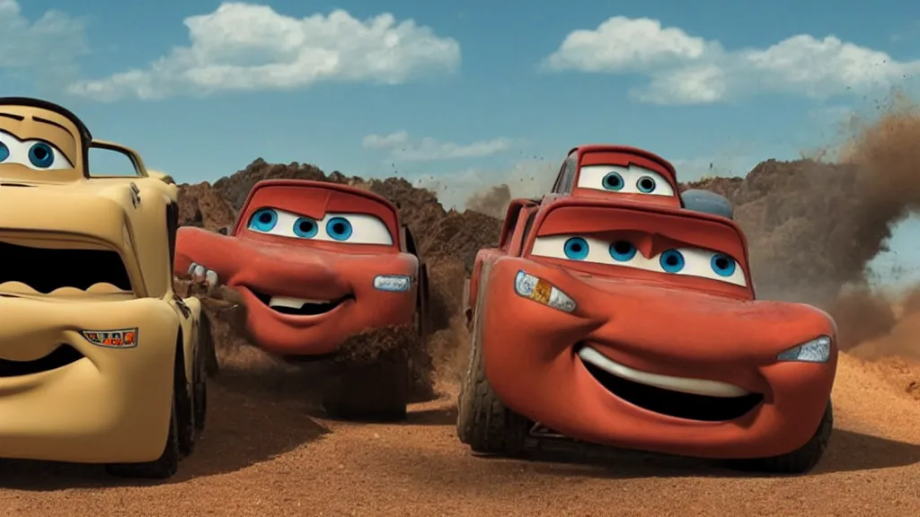 Image similar to pixar cars movie with mad max vehicles