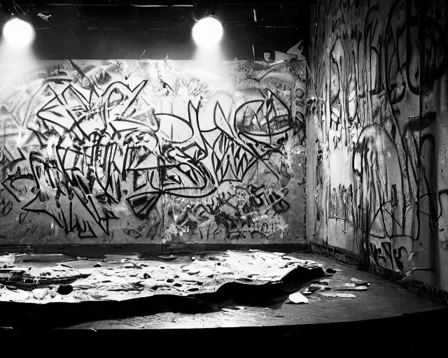 Prompt: paper mache diorama of a stage at a club, dim lights, debris, graffiti, centered, by Terry Richardson, 8k, concert documentary, b&w photography, cinematography by Jim Jarmusch