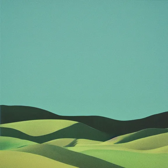 Prompt: rolling hills landscape, teal gradient, film photography 70's, album art