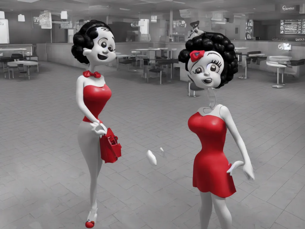 Image similar to anthropomorphic life size Betty Boop in Mc Donalds, real hair, dimly lit, liminal space, photorealistic, unrealengine octane 3d render